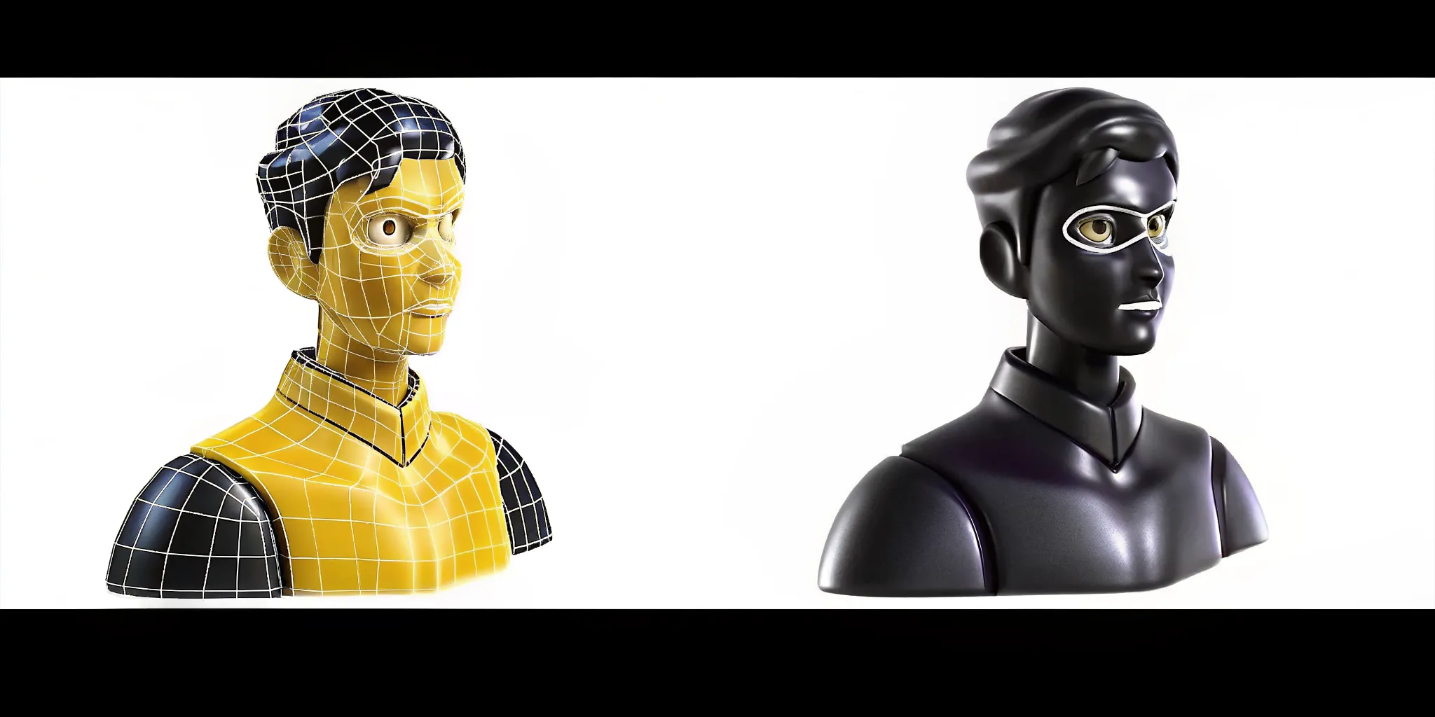Split screen comparison of messy AI-generated topology on the left vs clean quad-based retopologized mesh on the right, wireframe overlay visible on both sides