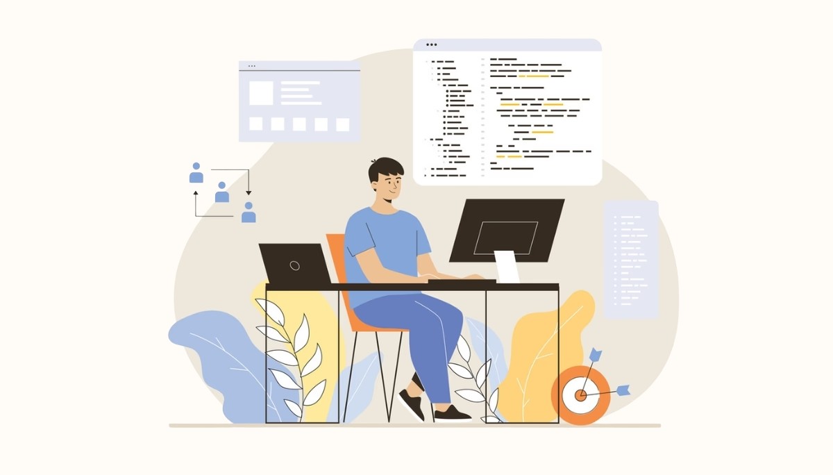 Person coding on laptop in front of large screen with syntax-highlighted code and interface elements