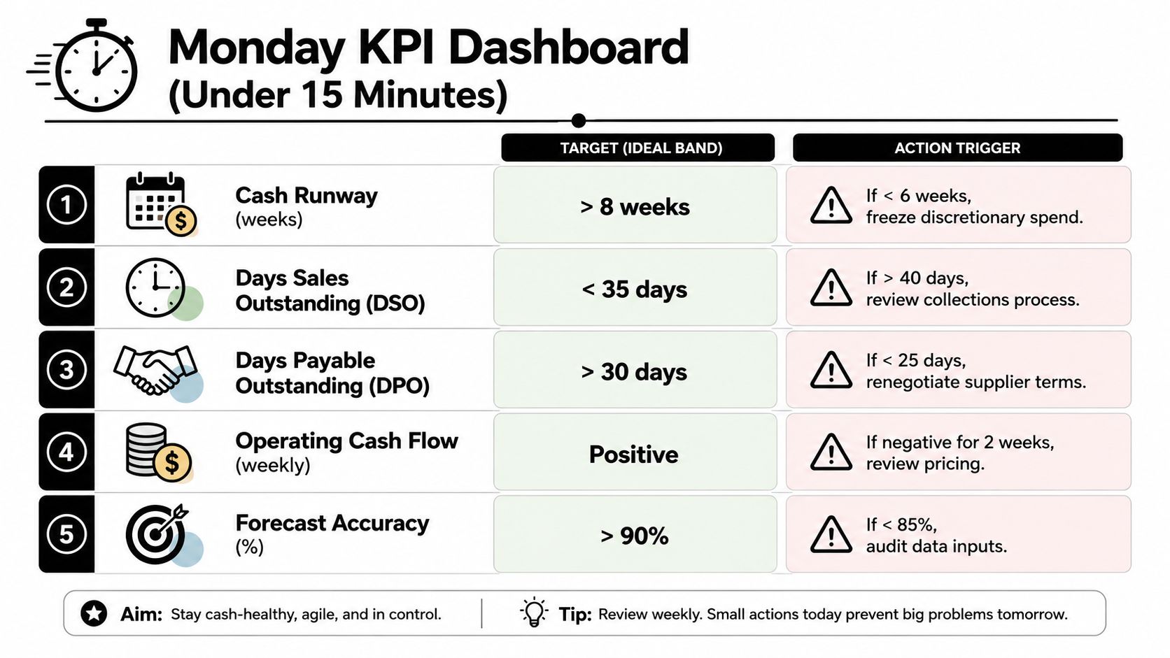 A professional KPI dashboard infographic listing five key financial performance indicators and their associated action triggers.