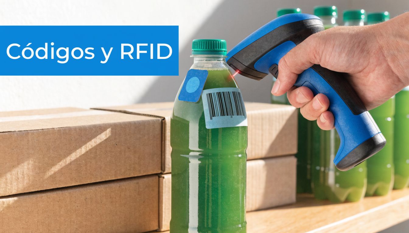 Una mano escaneando el código de barras de una botella de jugo verde con un lector electrónico