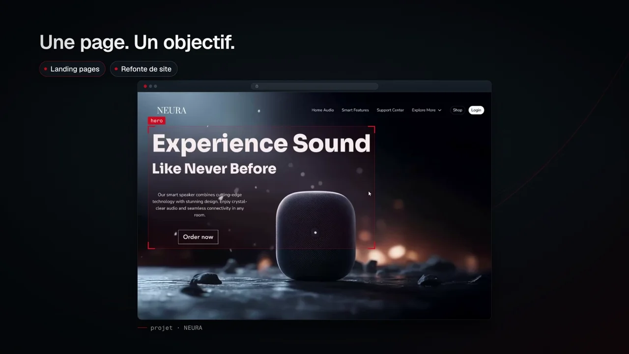 Démonstration de landing page produit : enceinte connectée présentée sous le titre Experience Sound