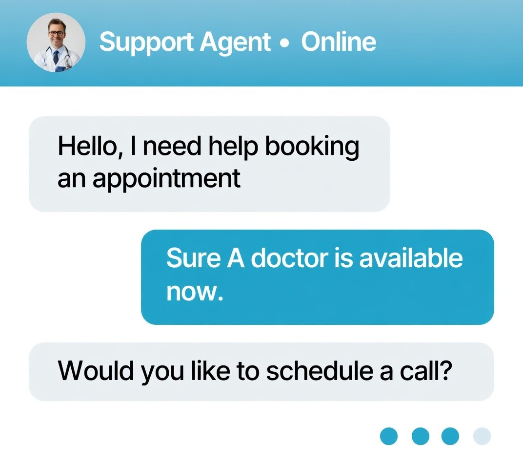 Screenshot of a support chat window for booking medical appointments.