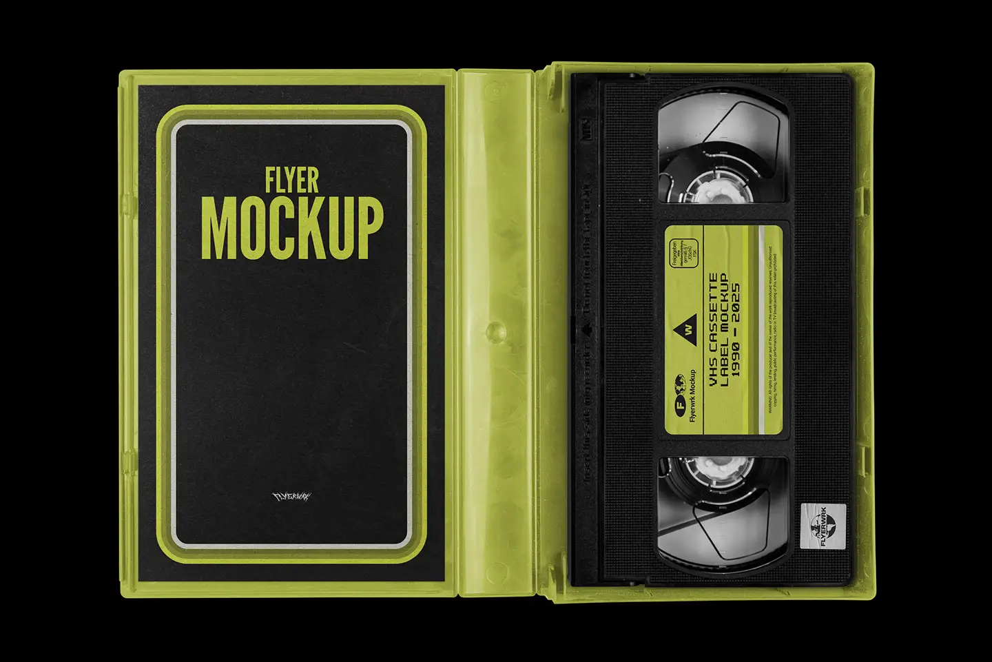 Vintage VHS cassette tape case mockup with green plastic case and tape