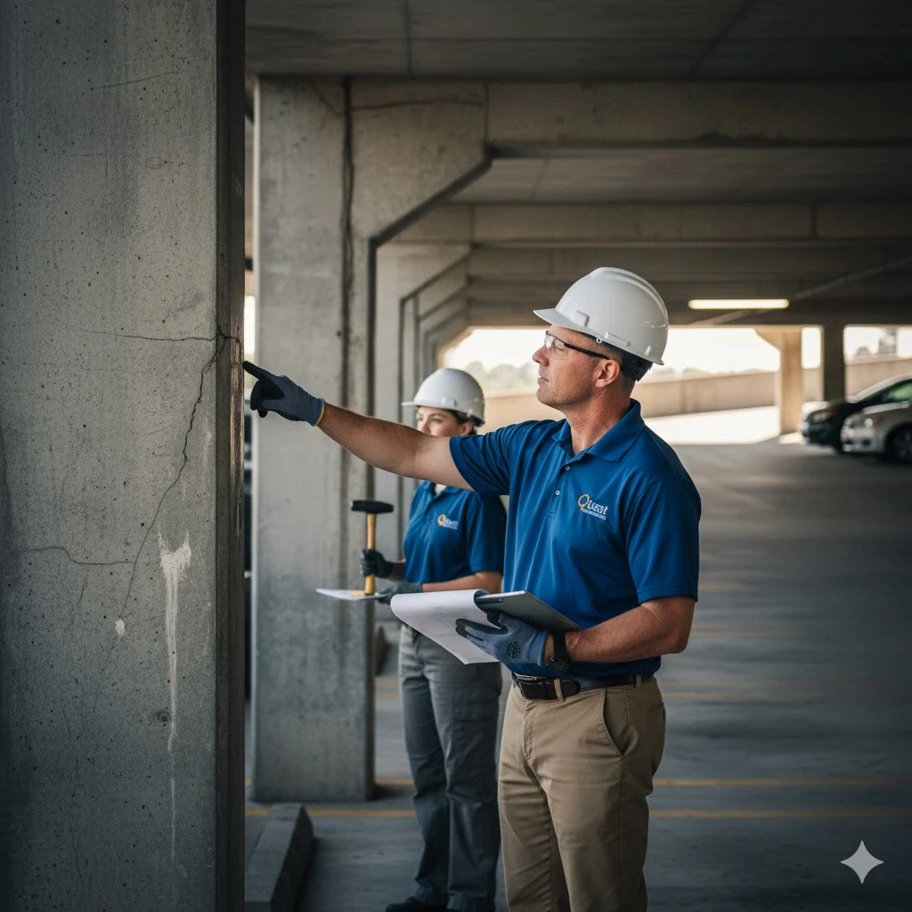Professional examining concrete columns in parking garage