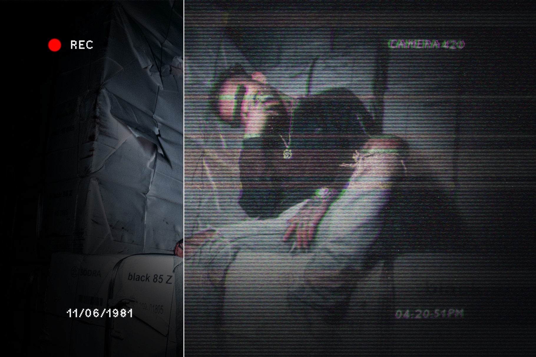 Analog VHS Glitch Mockup applied to a portrait with a classic red REC indicator and retro timestamp overlay