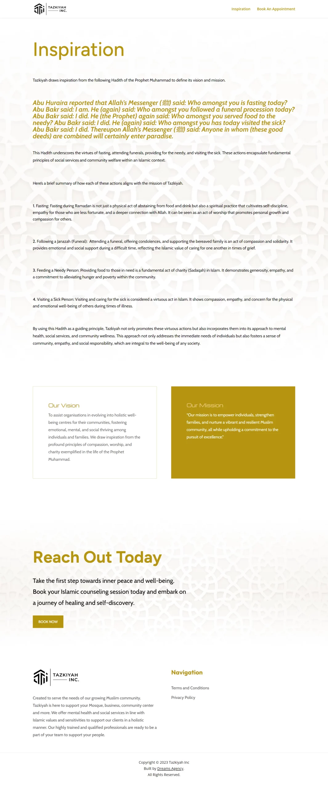 inspiration page for tazkiyah website developed & designed by Dreams Agency Mississauga, Ontario