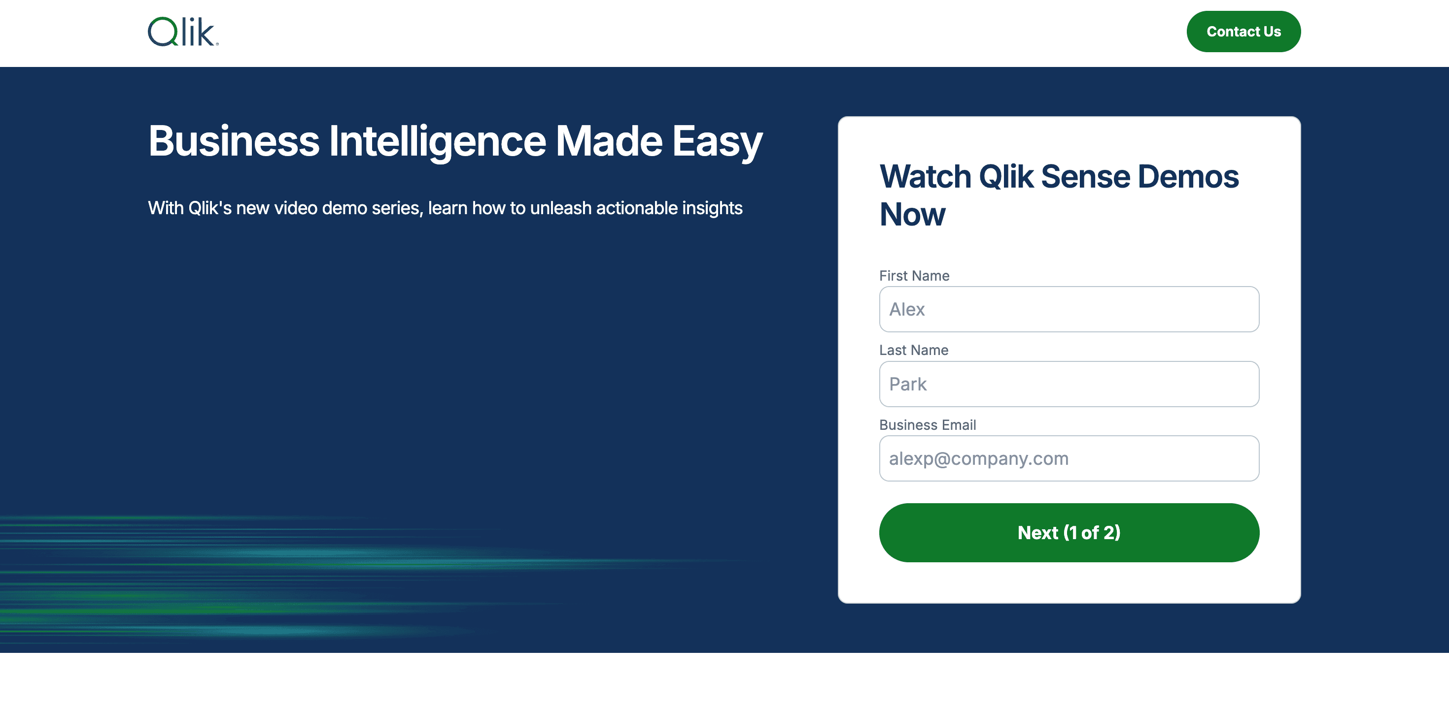 Qlik business intelligence platform homepage promoting data analytics insights with a demo request form.