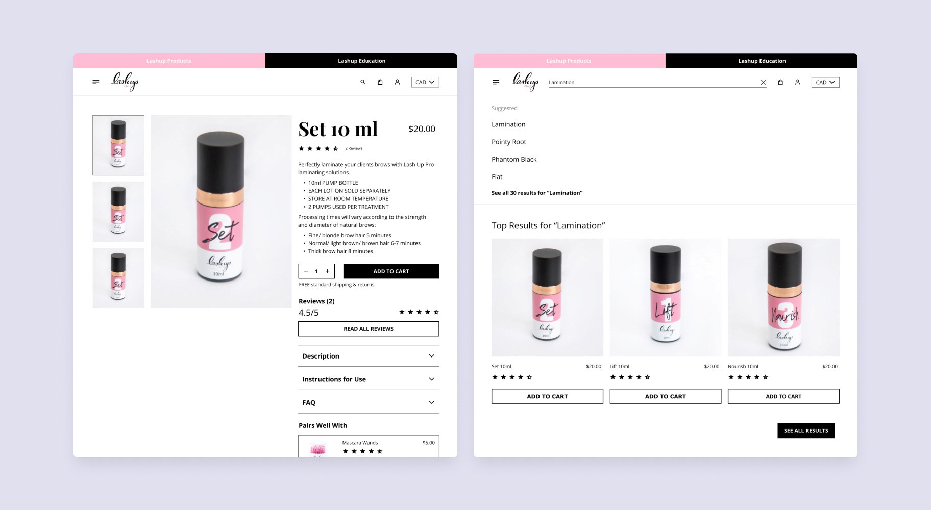 Product detail page for 'Set 10 ml' on the Lashup website, displaying a bottle of lash lamination solution with product details, reviews, and purchasing options. Next to it is a search results page showing similar lash products, including 'Lift 10 ml' and 'Nourish 10 ml,' available for purchase.