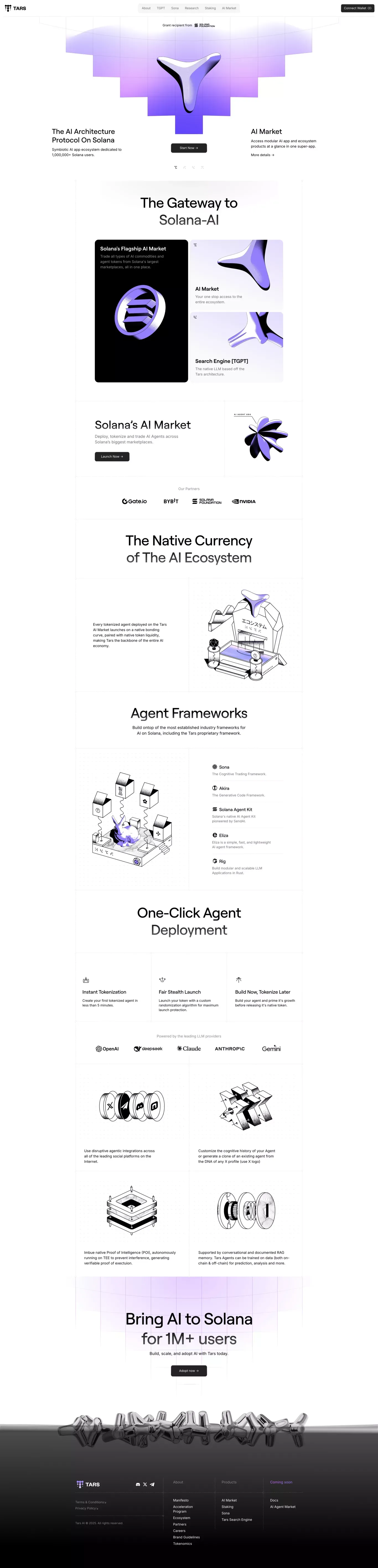 The AI Market on Solana landing page screenshot showcasing AI and Finance design