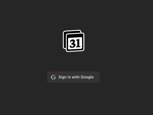 Notion Calendar login screen: Dark interface with calendar icon showing '31' and 'Sign in with Google' button. Key step in Lucas Ostrowski's guide for integrating Google Calendar with Notion, demonstrating seamless authentication for enhanced productivity automation.