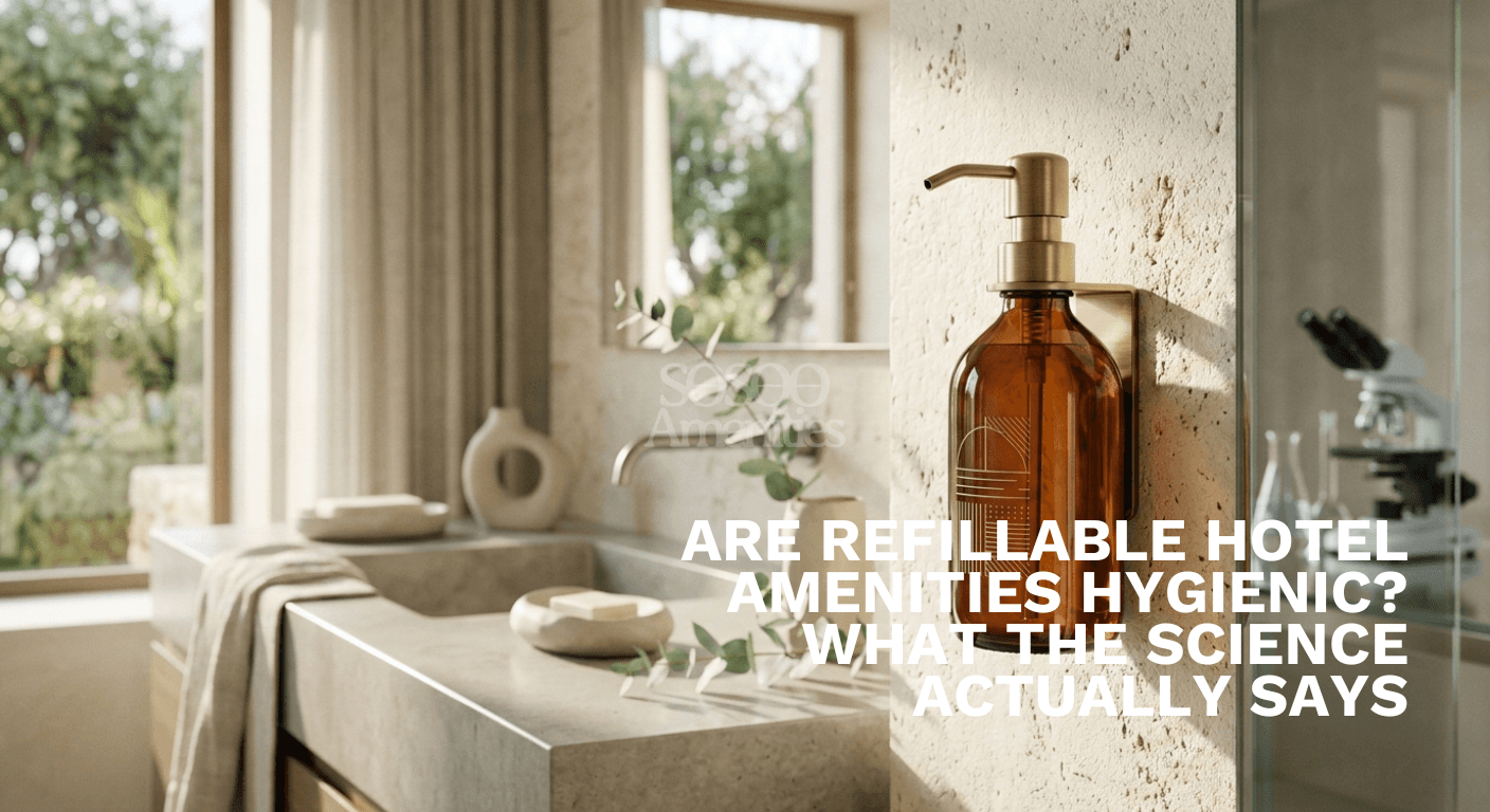 Sophisticated bathroom with large window, beige décor, and refillable soap dispenser. Text questions the hygiene of refillable hotel amenities.
