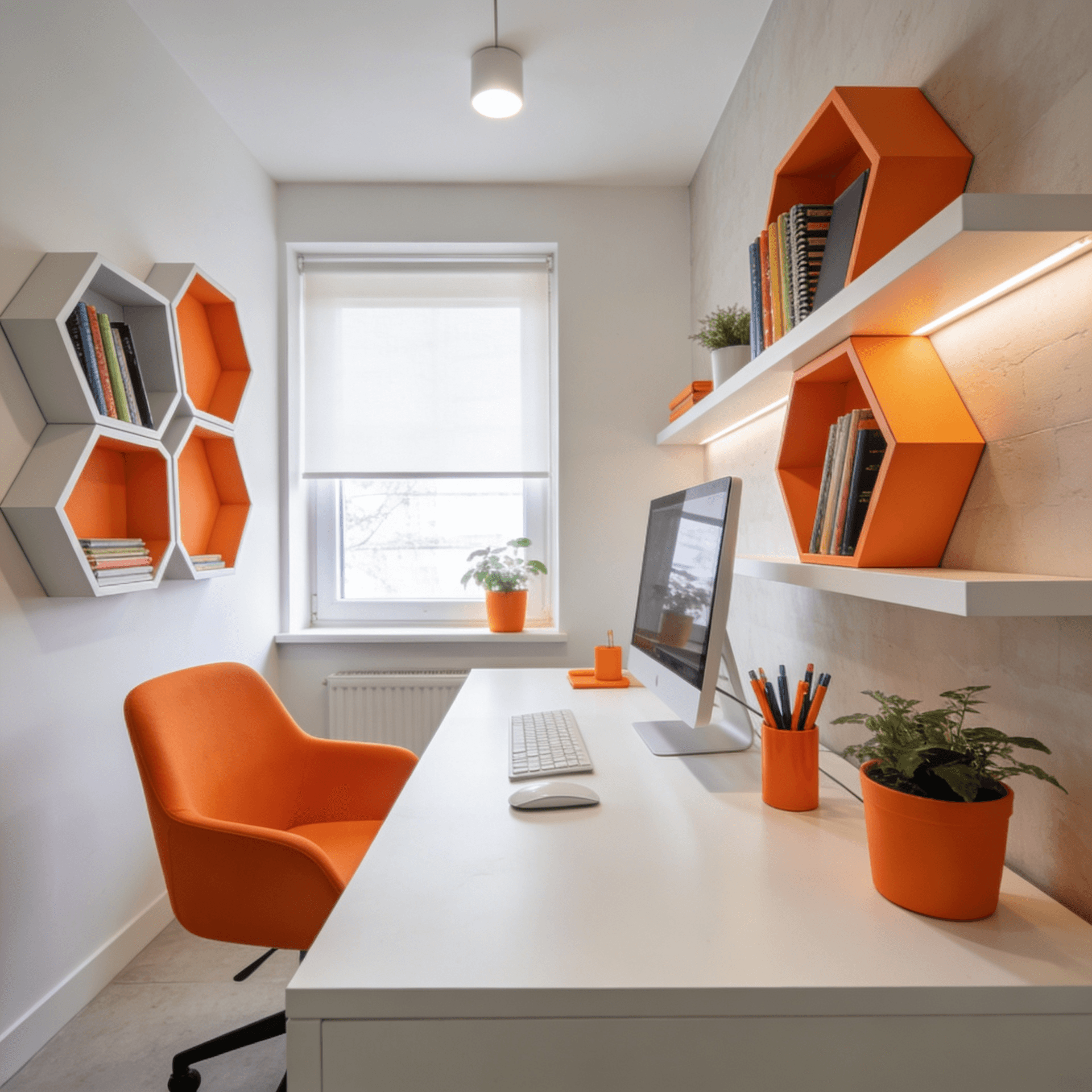 minimal white office, with an orange accent
