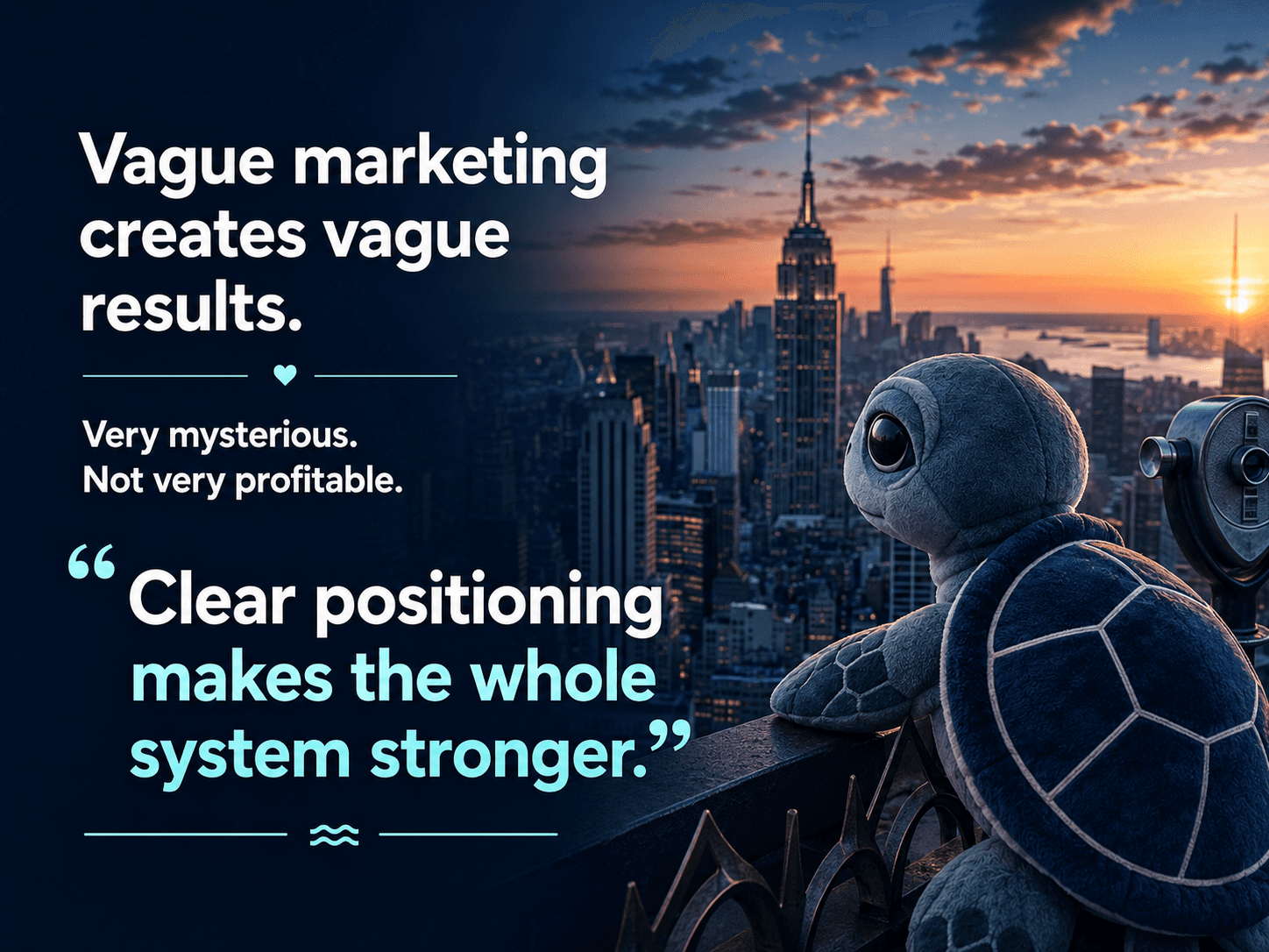 Vague marketing creates vague results. Very mysterious. Not very profitable. Clear positioning makes the whole system stronger.