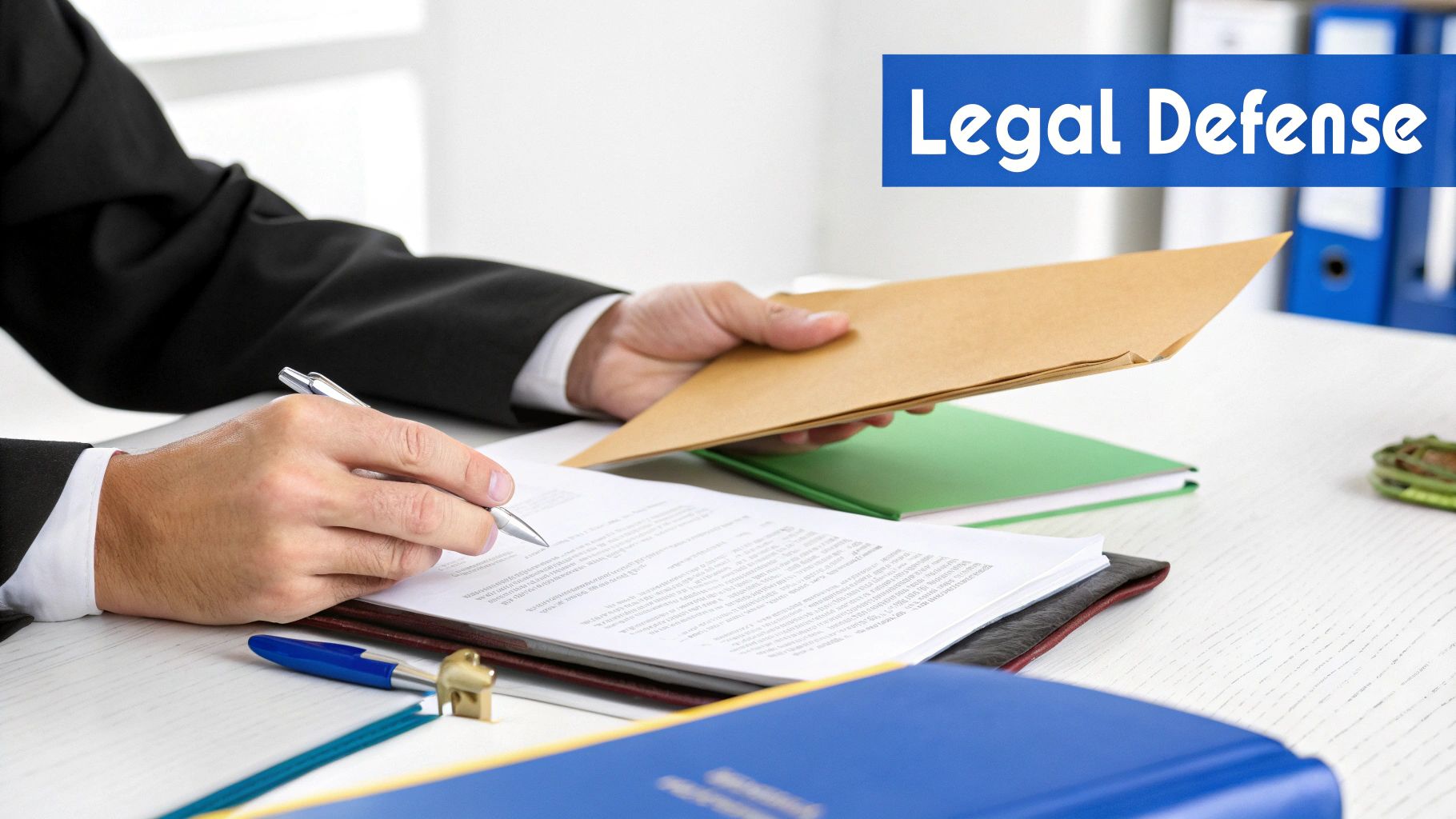 Close-up of a person in a suit signing legal documents on a desk, holding an envelope, with 'Legal Defense' text.