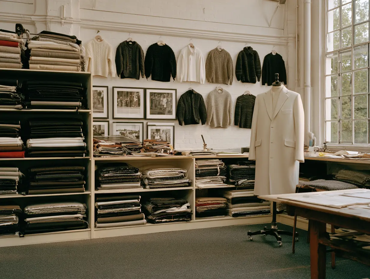 Minimalist fashion atelier with folded fabrics, knitwear on shelves and a white tailored coat on a mannequin, premium lifestyle fashion studio