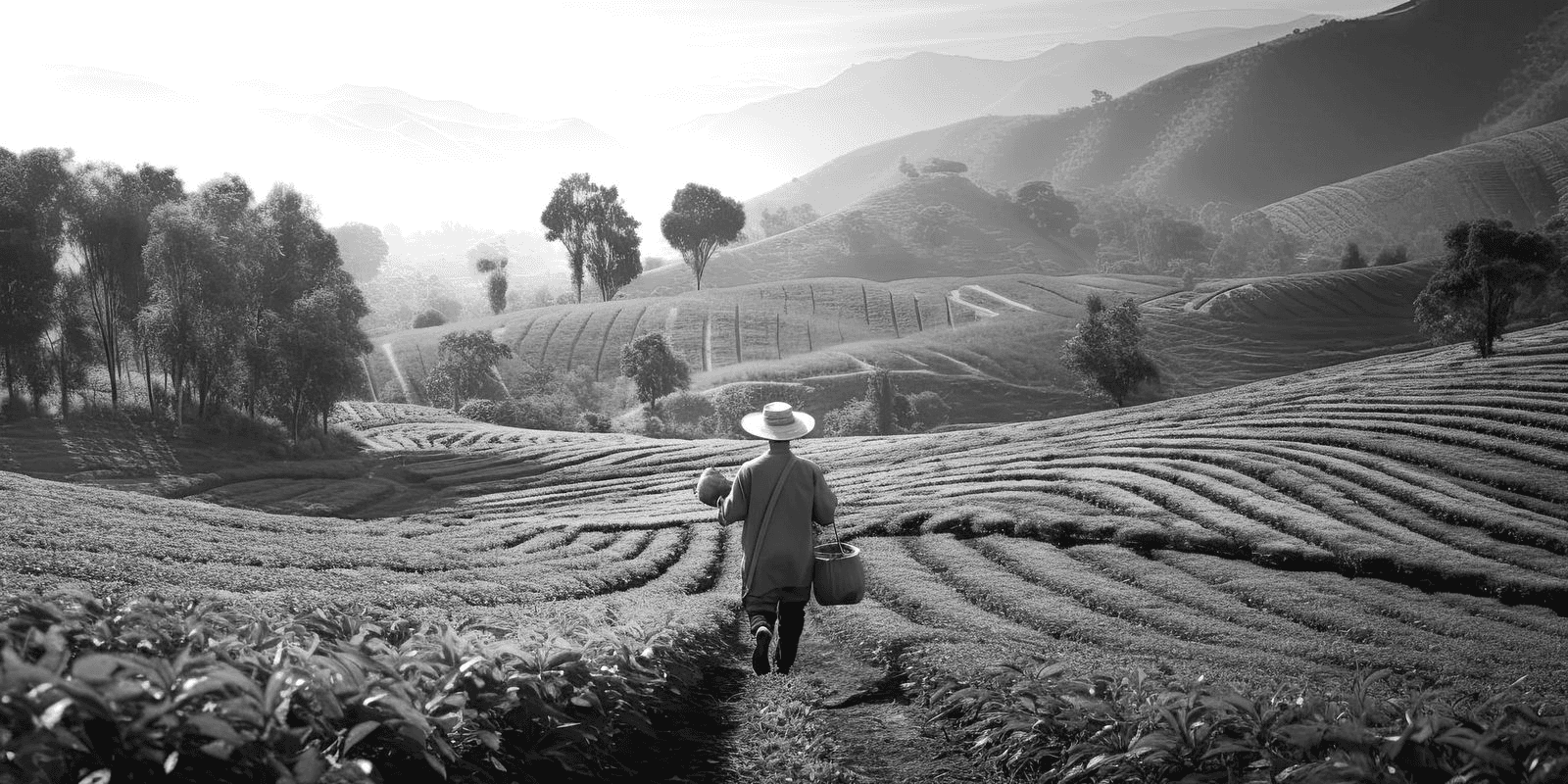 A farmer walking through vast terraced tea fields in misty hills, representing the global travels and multicultural flavors at the heart of Café Sherpa's story. A café in Brookfield, WI built on travel, culture, and the belief that food should take you somewhere.