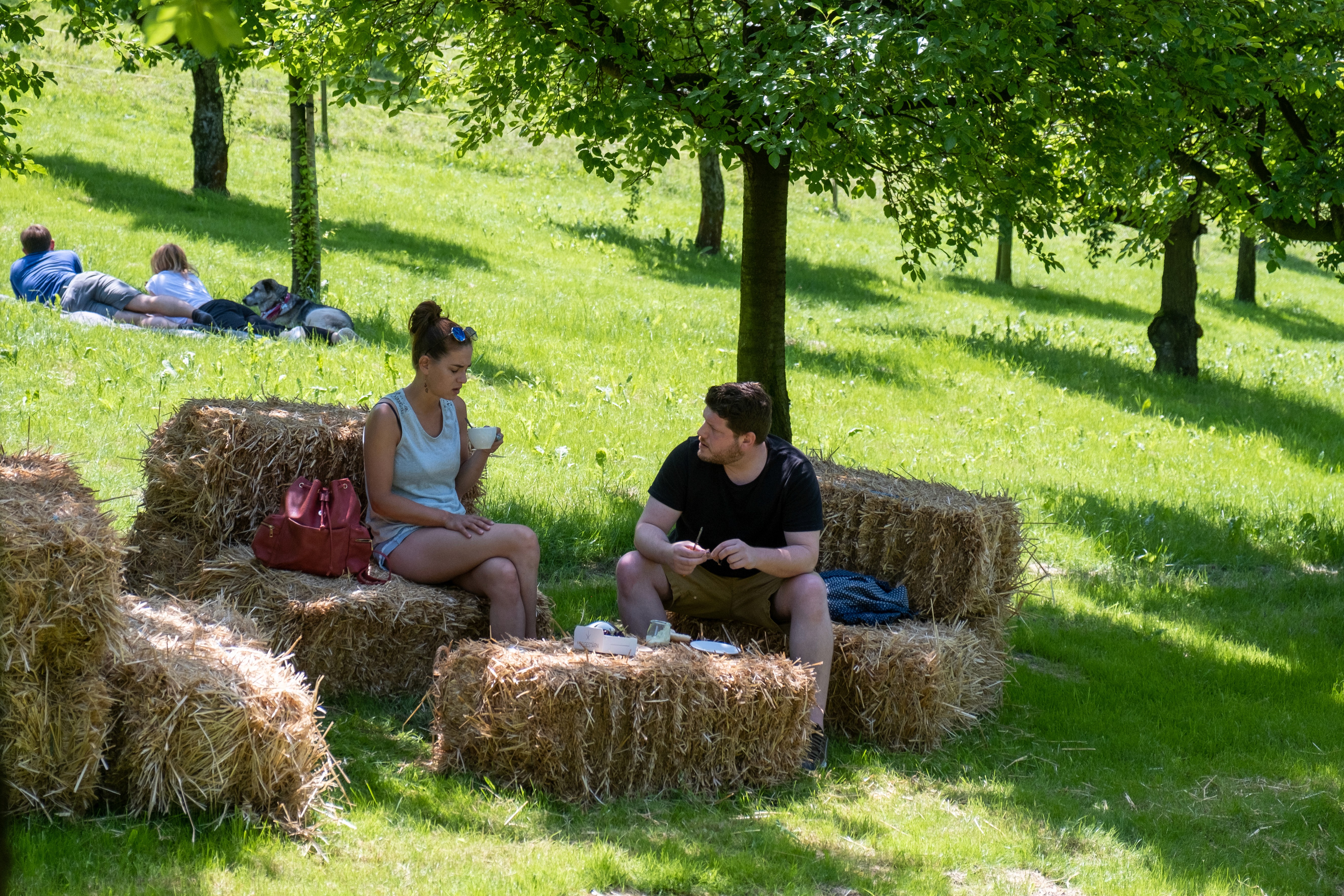 Strohballensofa beim Picknick im Obstgarten