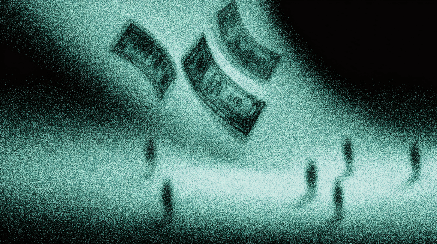 Abstract illustration of floating currency notes above a crowd, representing voice agent operating costs, scaling expenses, and AI economics.