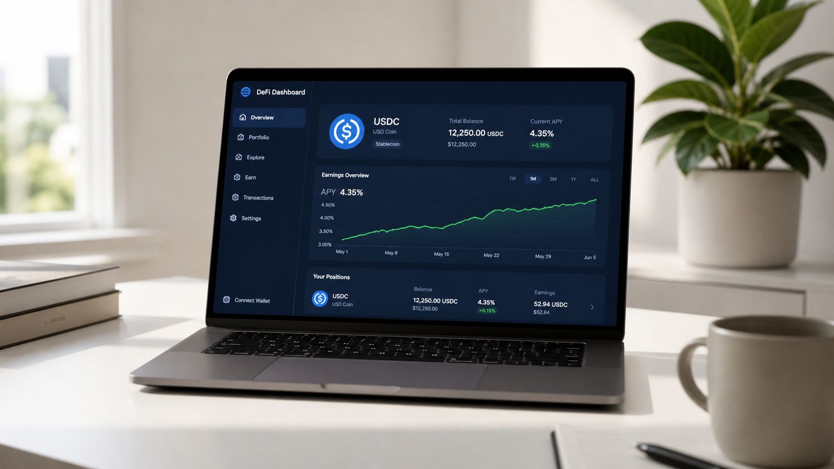 A modern laptop displaying a DeFi dashboard showing cryptocurrency wallet balance and investment growth performance.