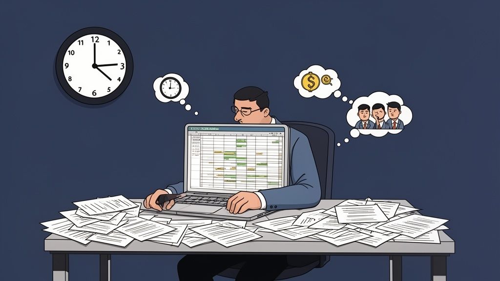 Man working late on laptop with many papers, thinking about time, money, and colleagues.