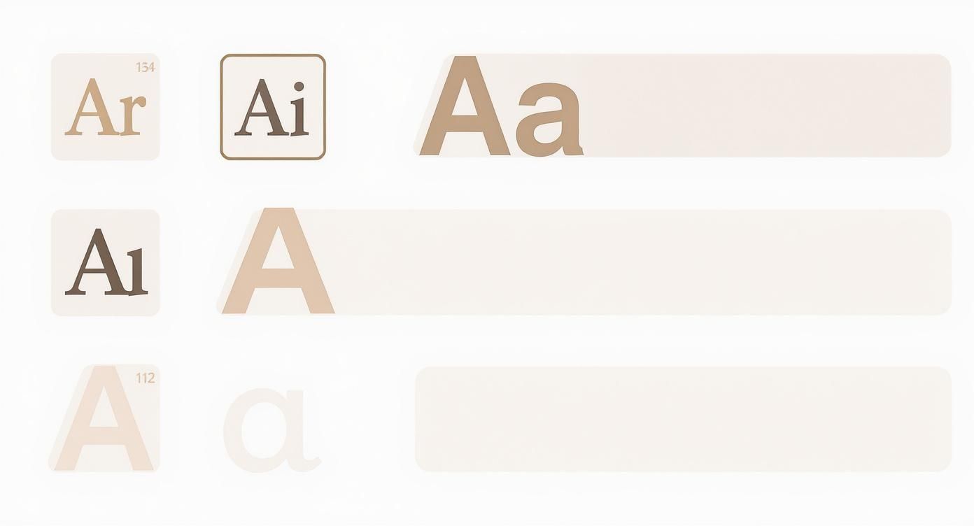 A grid of minimalist design elements with letters like Ar, Ai, A1, and Aa, resembling typography samples.