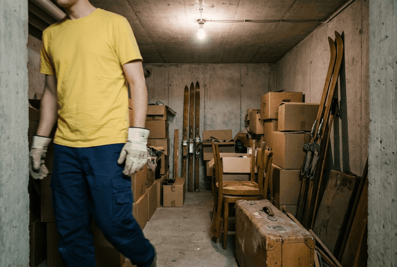 Bernans Mitarbeiter mit Arbeitshandschuhen in einem vollgestellten Keller vor der Entrümpelung