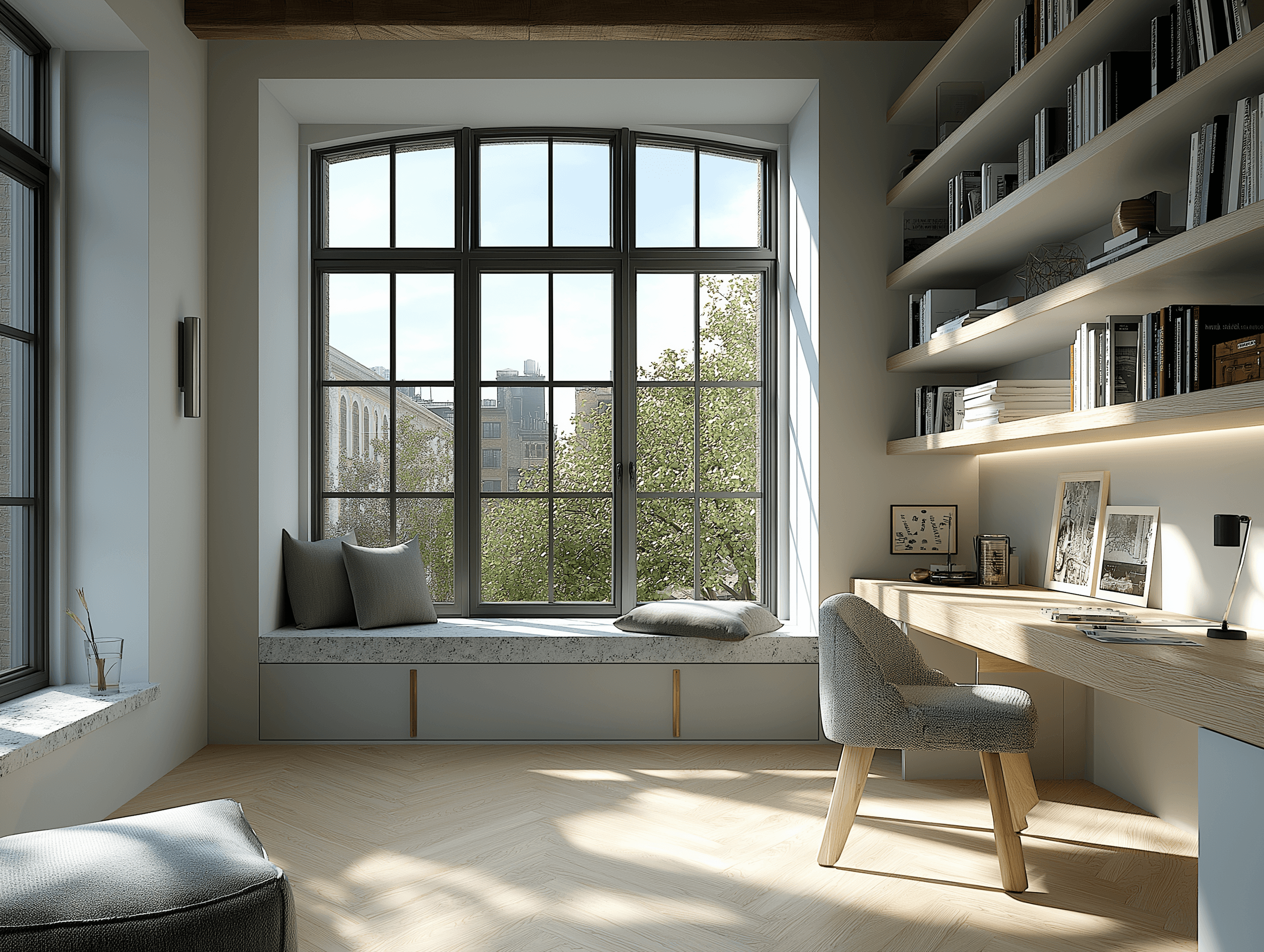 Bright home office space featuring a built-in window seat, a long wooden desk, open shelving filled with books, and a large arched window.