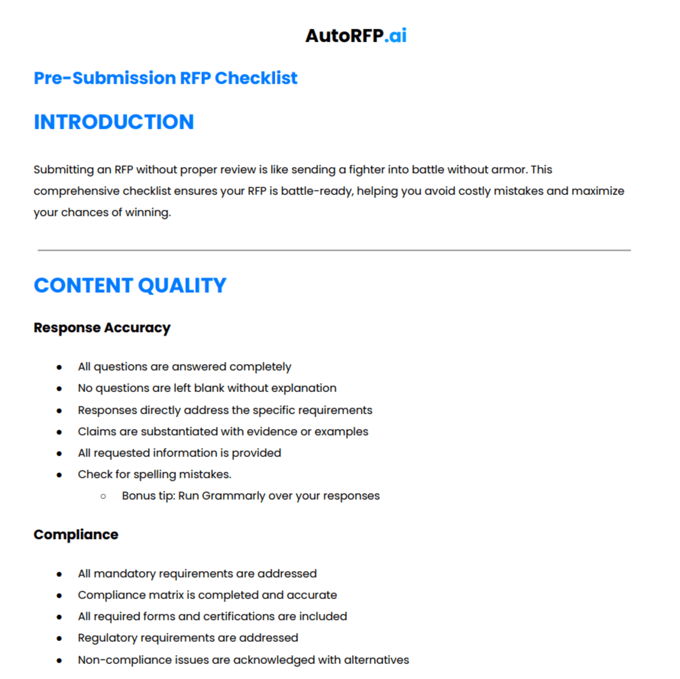 Pre submission RFP checklist