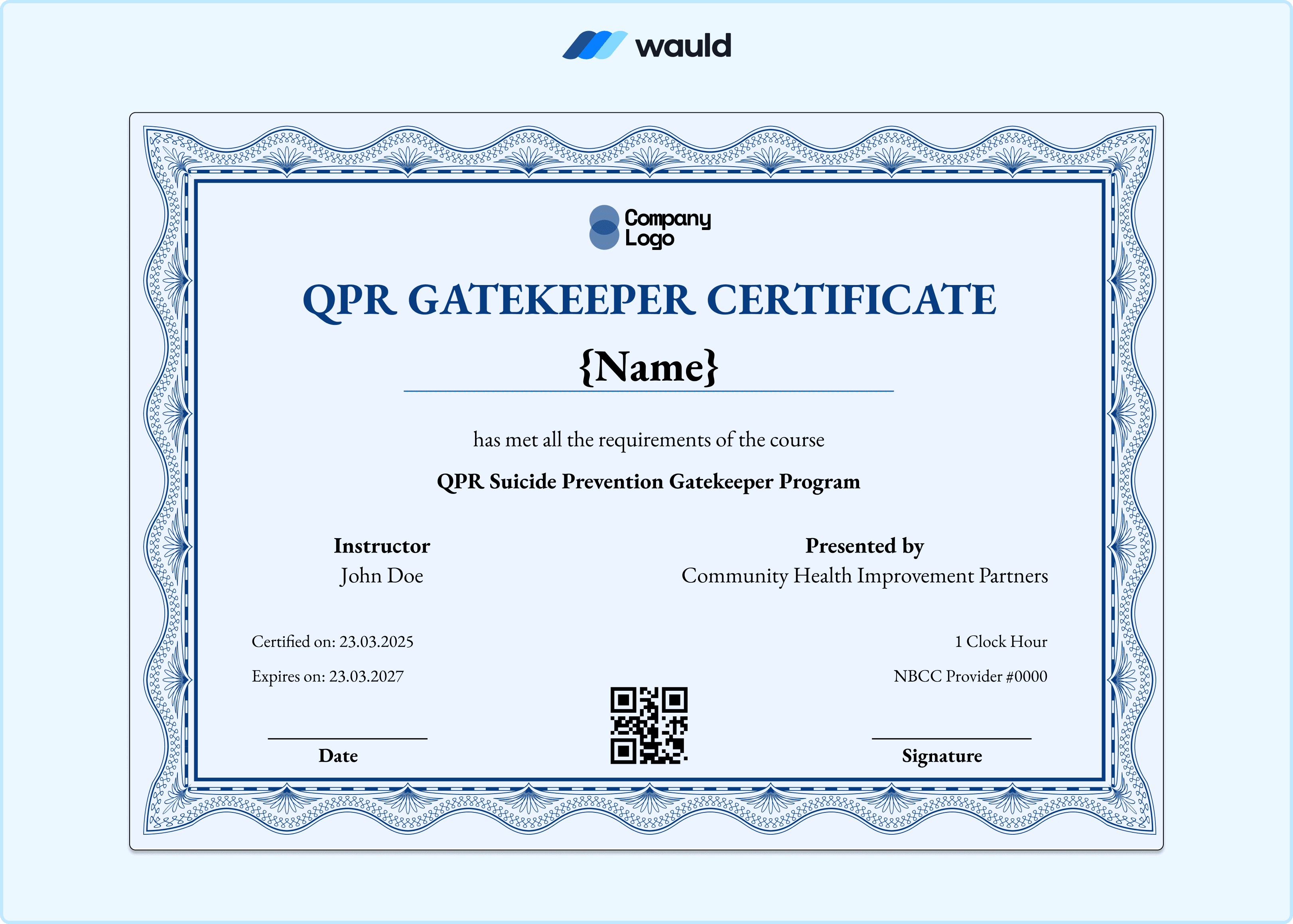 Blue and white QPR Gatekeeper certificate template with recipient name field, instructor details, Community Health Improvement Partners presenter information, certified date, expiry date, NBCC Provider number, QR code, and signature line