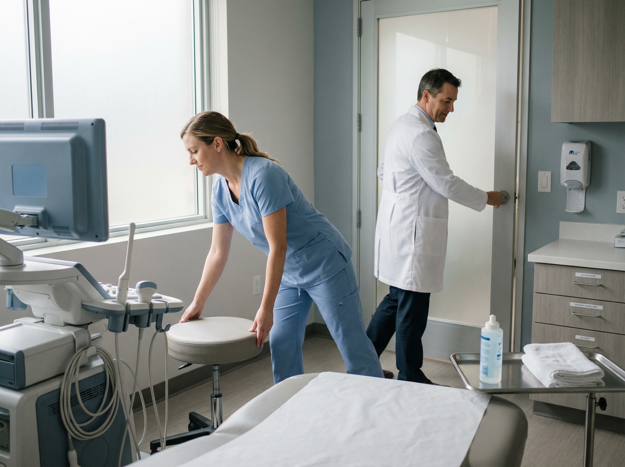 Ein Sonografie-Raum ist sorgfältig vorbereitet: Frisches Papier auf der Liege, Gel und Tücher bereitgestellt. Eine Assistenz stellt den Stuhl an die richtige Position, der Arzt schließt die Tür. Alles ist aufgeräumt und geordnet, bereit für den nächsten Untersuchungstermin.