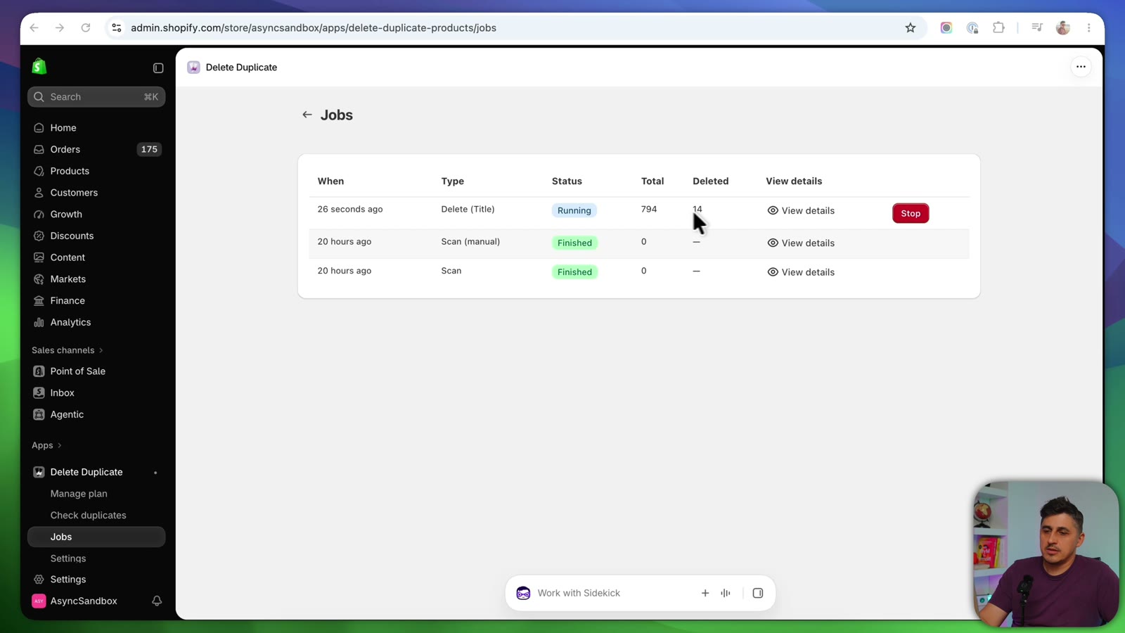 DDP delete job running with deleted count and job log