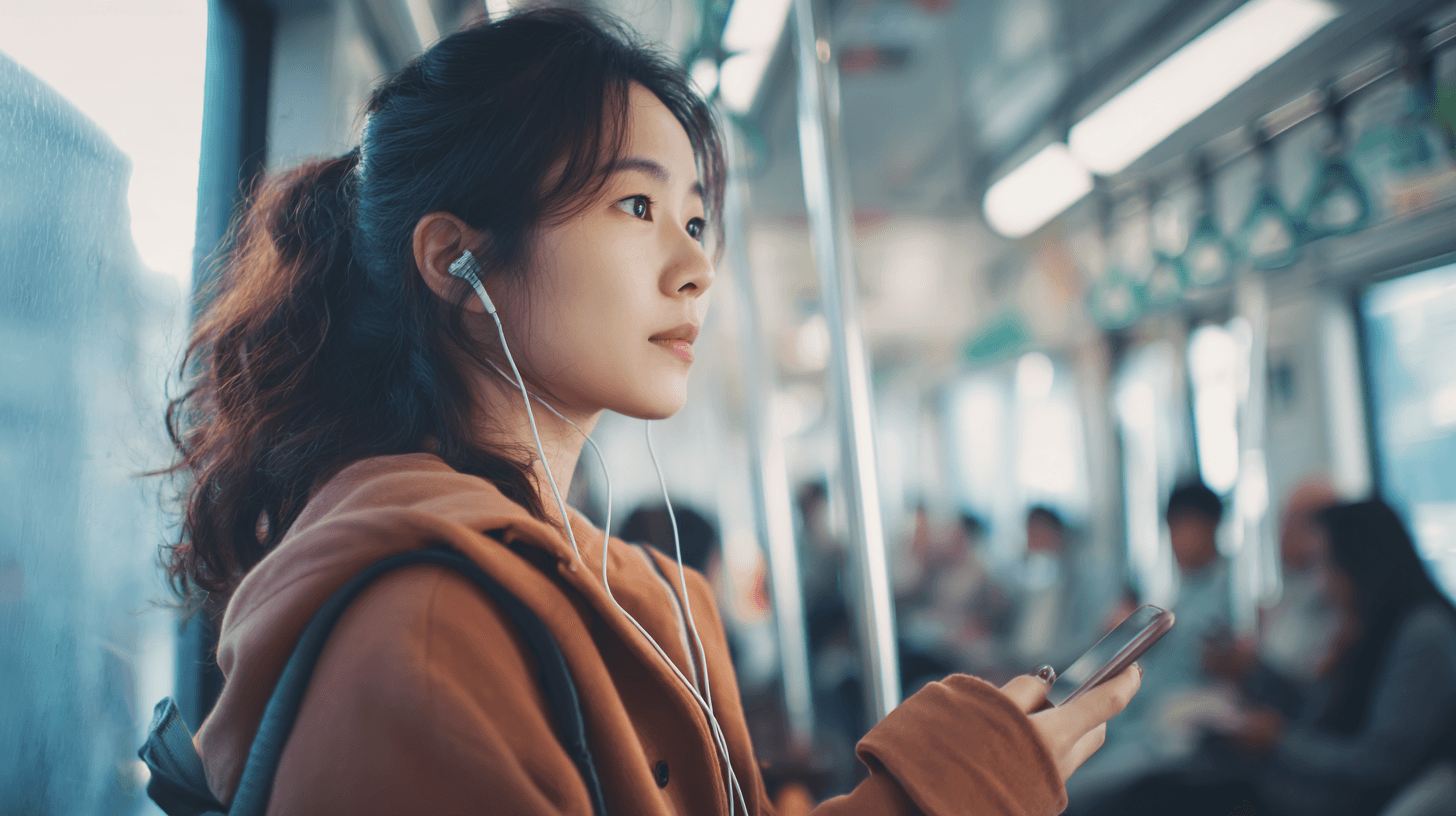 지하철 안에서 이어폰을 꽂고 스마트폰을 손에 든 여성이 OTT 콘텐츠를 감상하는 모습입니다.