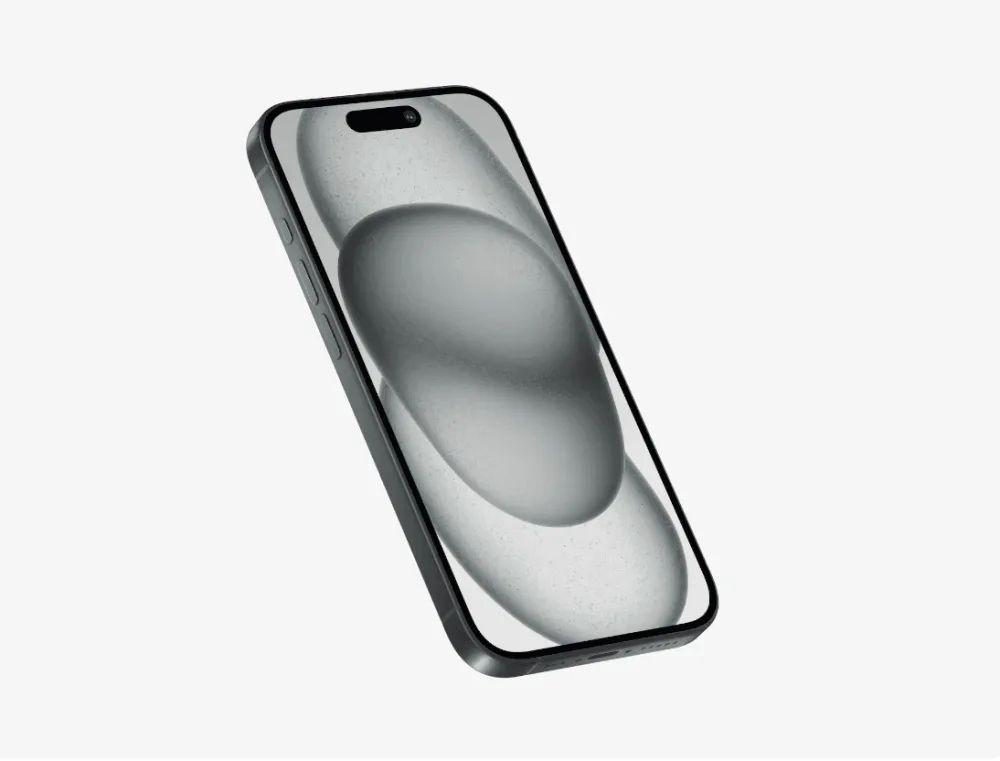 iPhone 15 Pro mockup showcasing a sleek black design with a minimalist wallpaper of abstract gray shapes. Presented at an angled view on a white background for a clean, modern aesthetic.