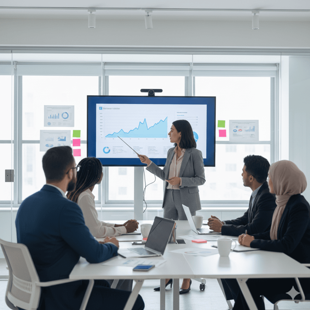 Manager marketing présentant un graphique de croissance lors dune réunion déquipe en salle de conférence