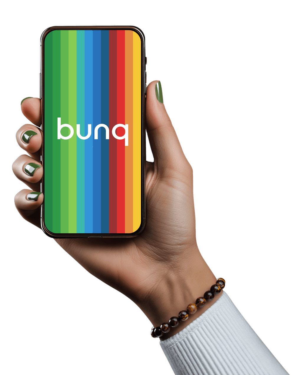 Een hand houdt een smartphone vast met daarop het kleurrijke logo van een merk, waarschijnlijk gerelateerd aan een digitale dienst.