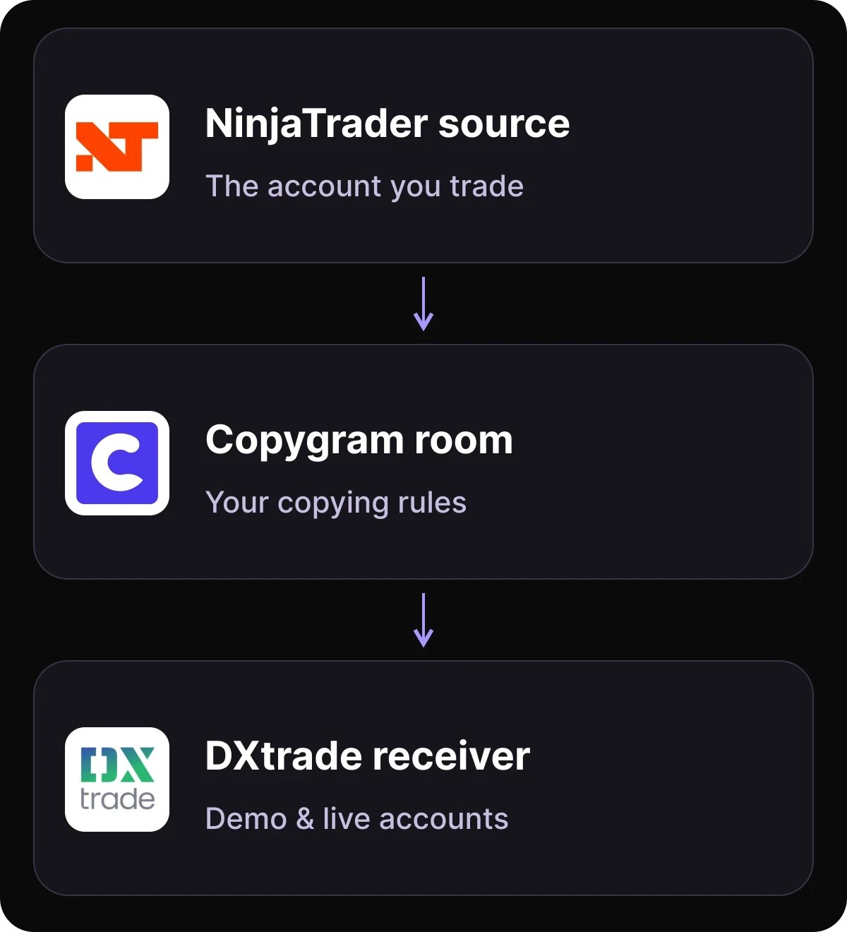 NinjaTrader source connected through a Copygram room to a DXtrade receiver, using its broker domain, account and independent receiver settings.