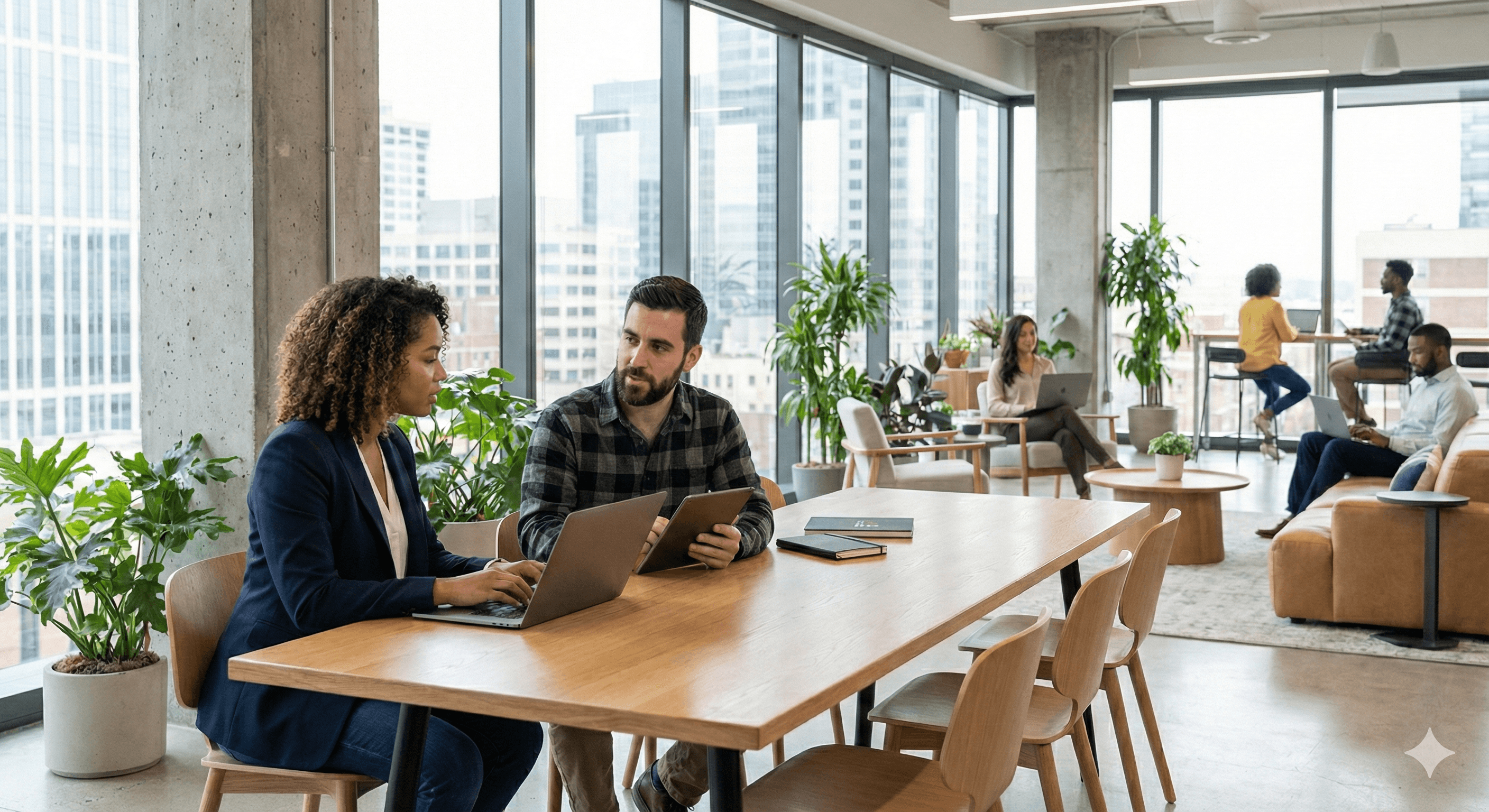 A modern office space with large windows showcases professionals engaged in discussions around a wooden table, surrounded by greenery and urban skyline views.
