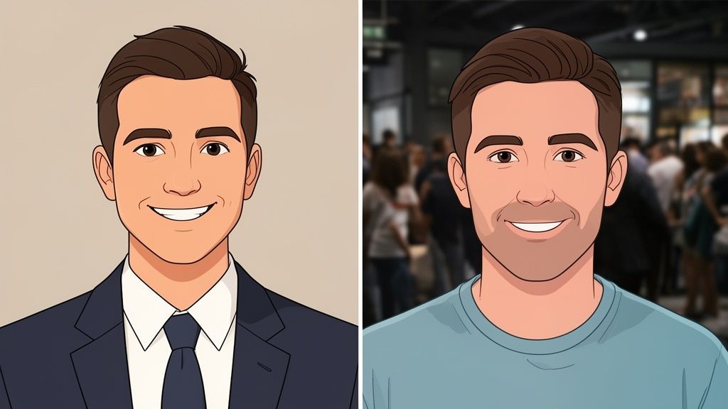 Zwei Cartoon-Porträts eines lächelnden Mannes: einmal formell im Anzug, einmal lässig im T-Shirt.