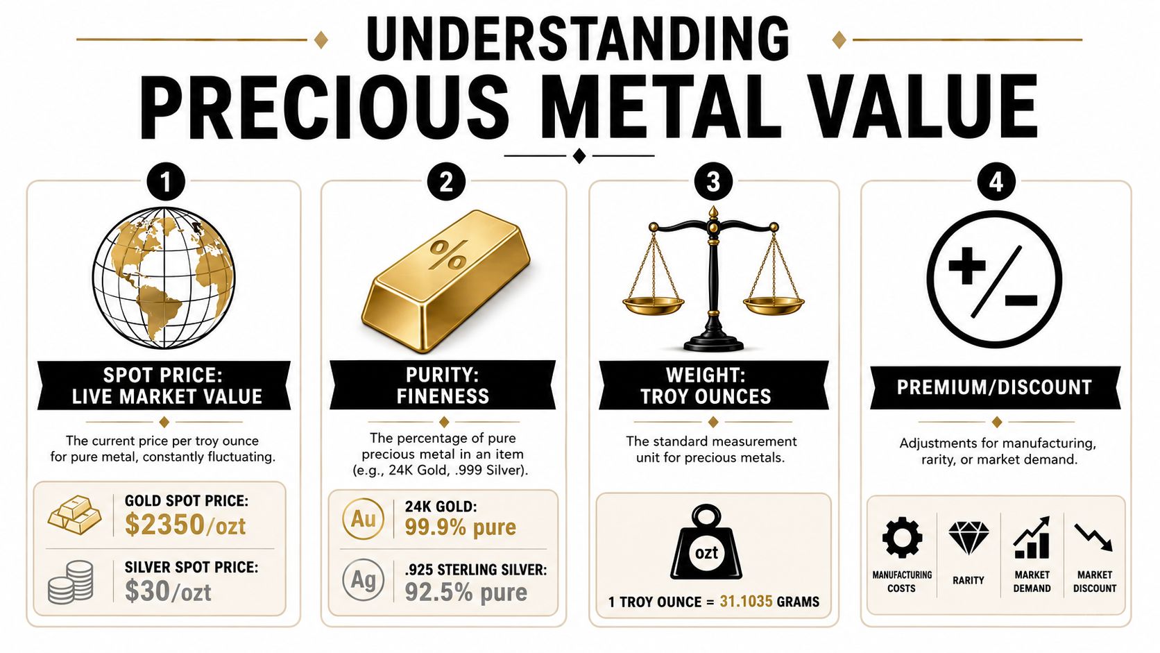 An infographic titled Understanding Precious Metal Value outlining spot price, purity, weight, and premiums for precious metals.