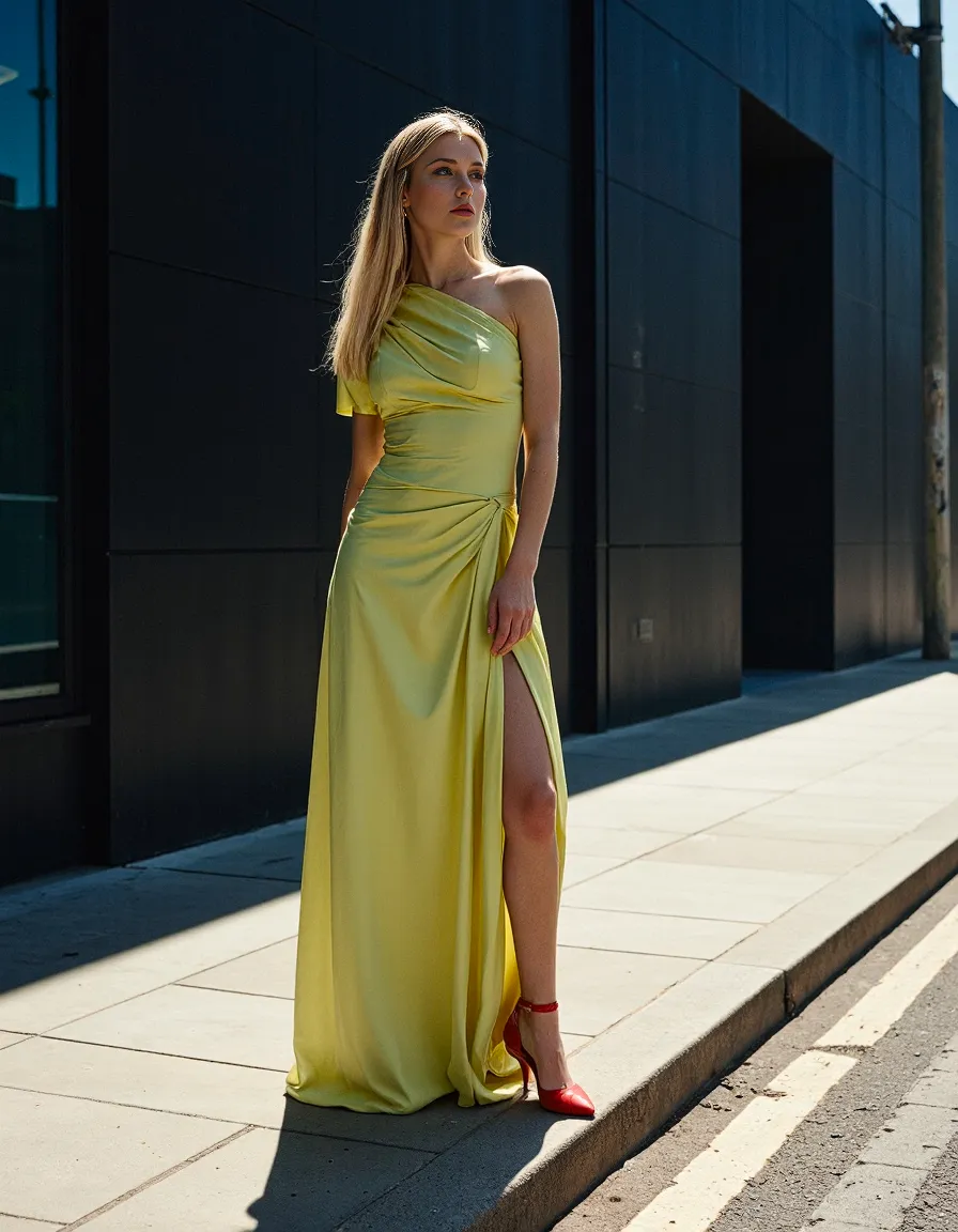 Model in flowing yellow one-shoulder gown with high slit against dark urban backdrop, wearing red heels in dramatic sunlight
