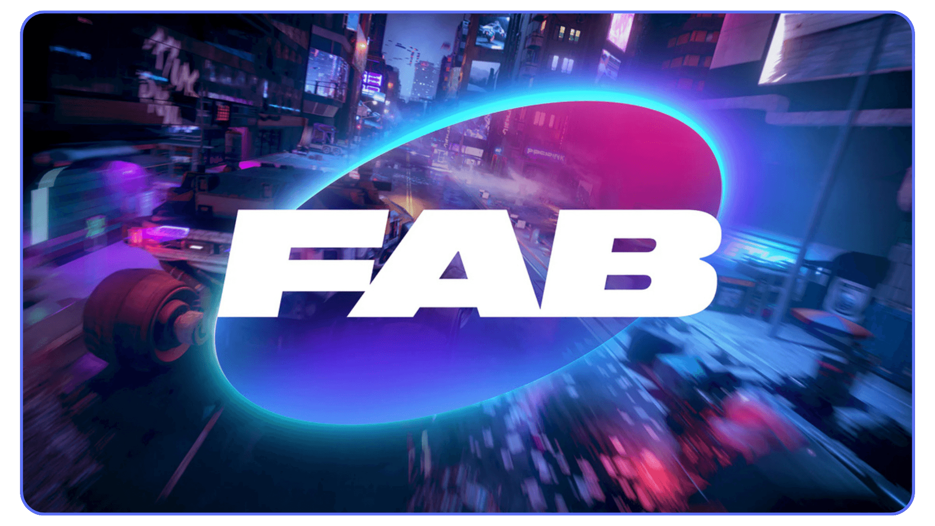 FAB marketplace logo displayed over a fast-moving futuristic city scene.