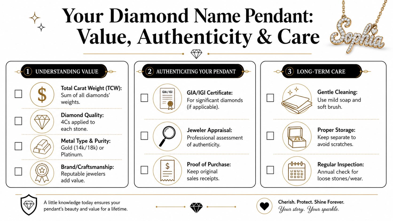An infographic titled Your Diamond Name Pendant explaining tips for value, authentication, and long-term jewelry care.