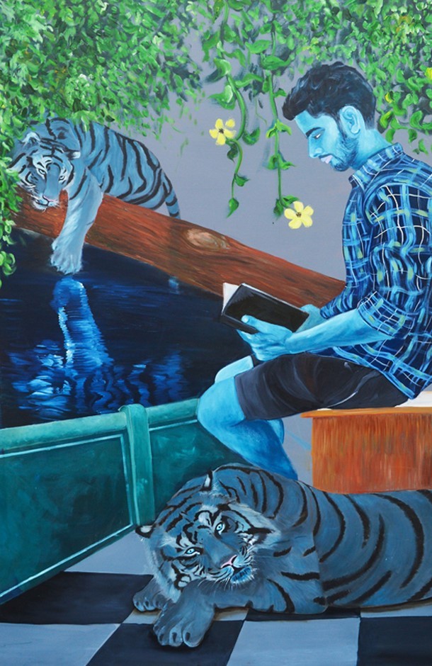 herd of sheep on road painting