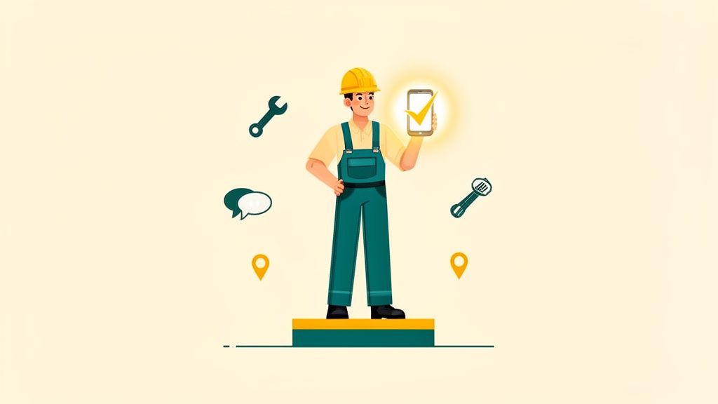 An illustration of a technician holding a smartphone with a checkmark, surrounded by tools and chat bubbles.