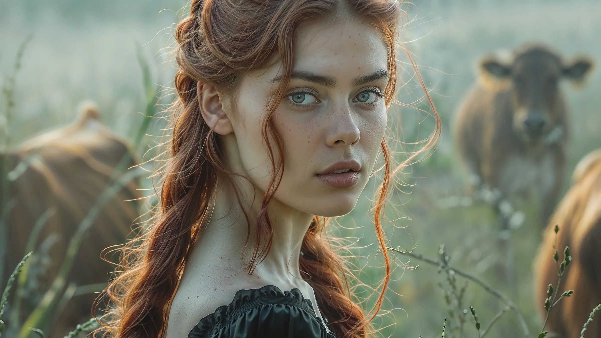 campagnebeeld van een jonge boerin tussen de koeien in het weiland