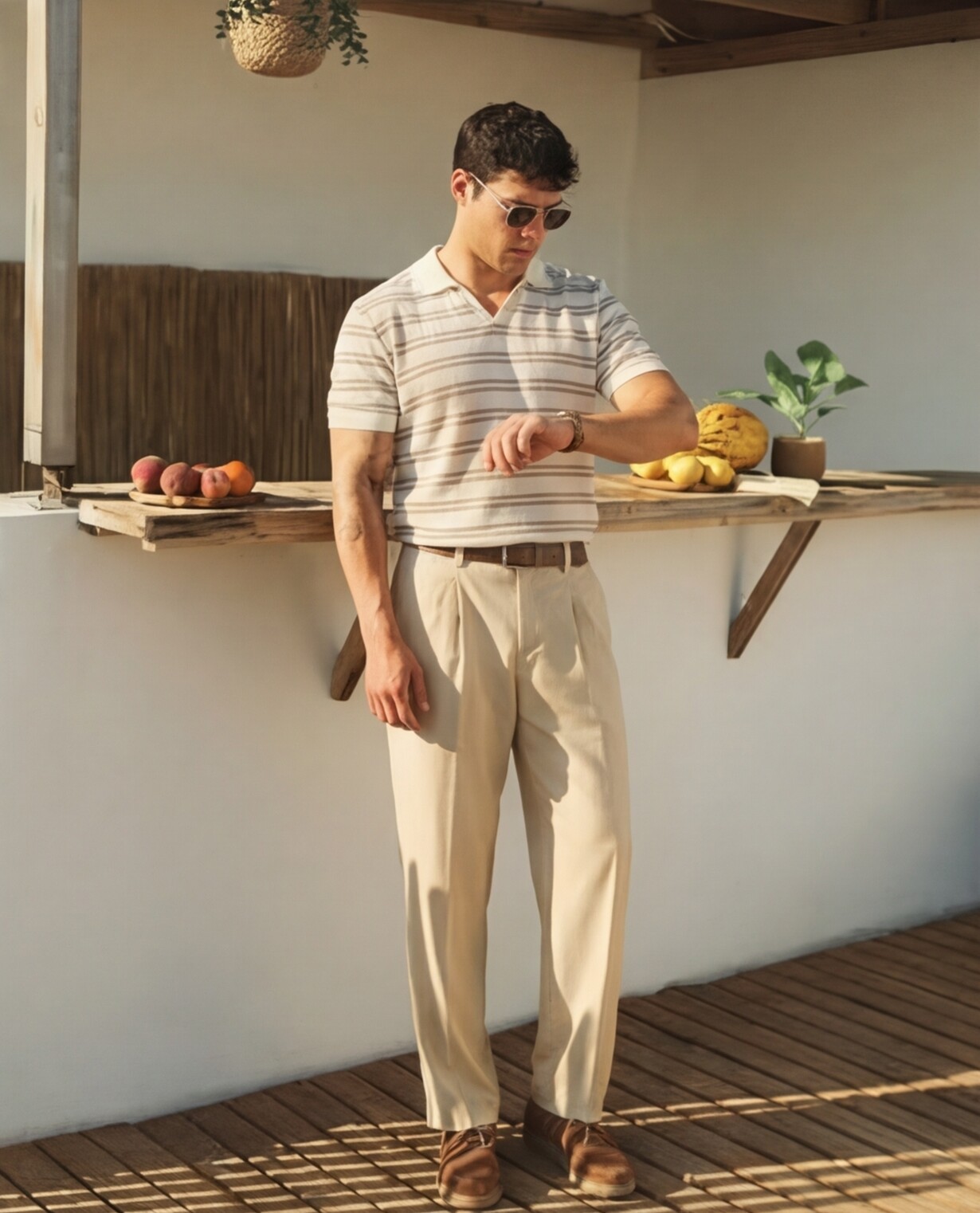 Textured Polo with Beige Tailored Trousers