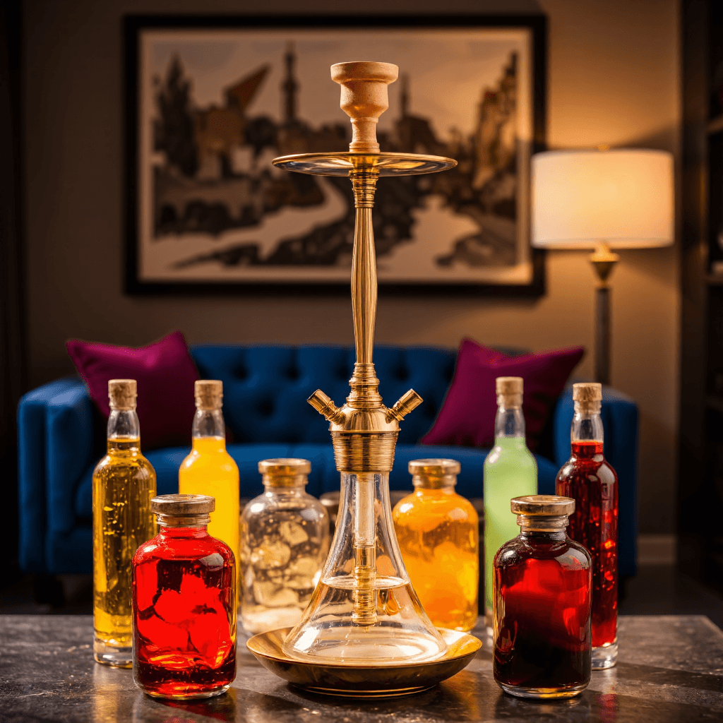product photography of a hookah with flavored liquid bottles