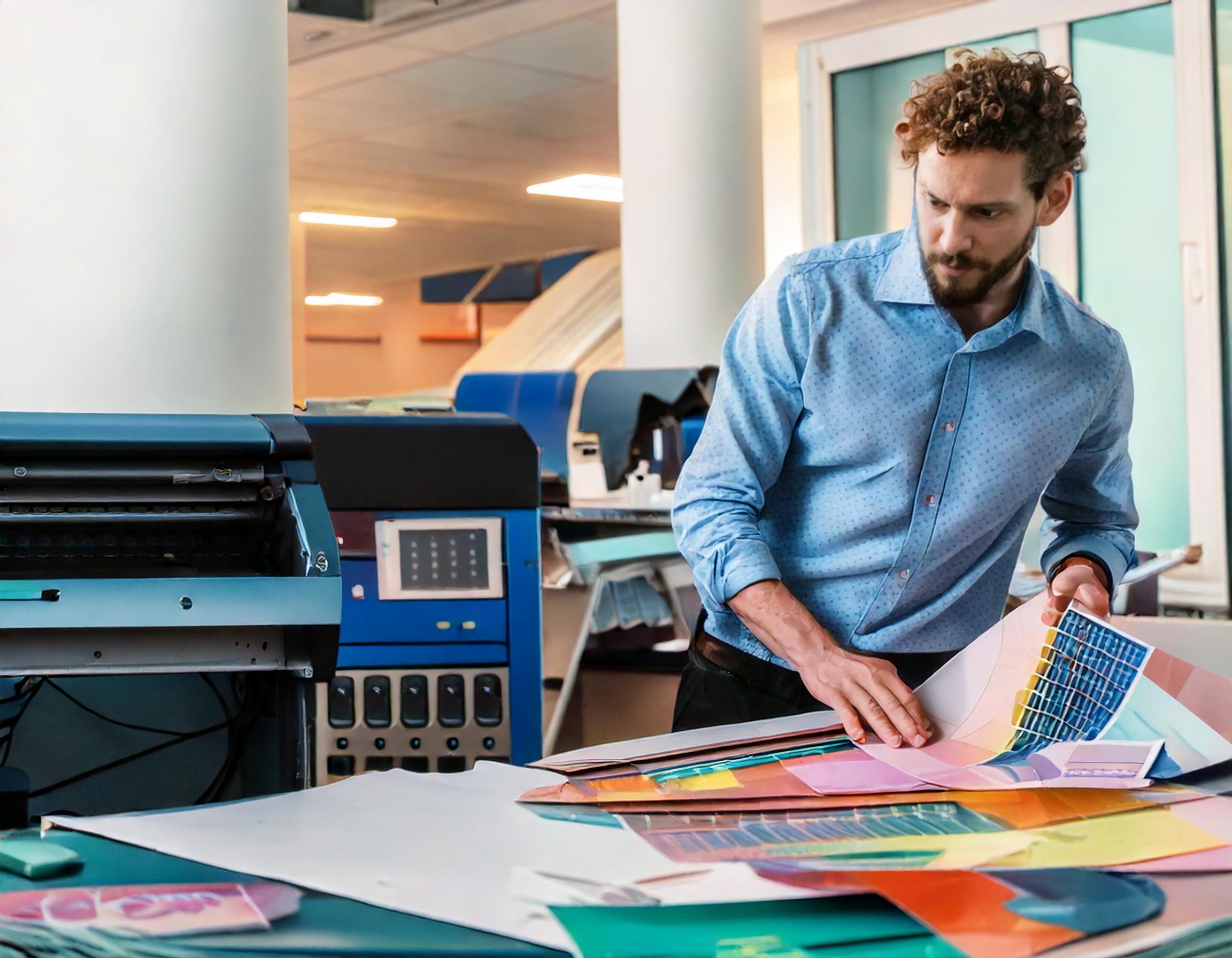 man overseeing work from sheet fed printer