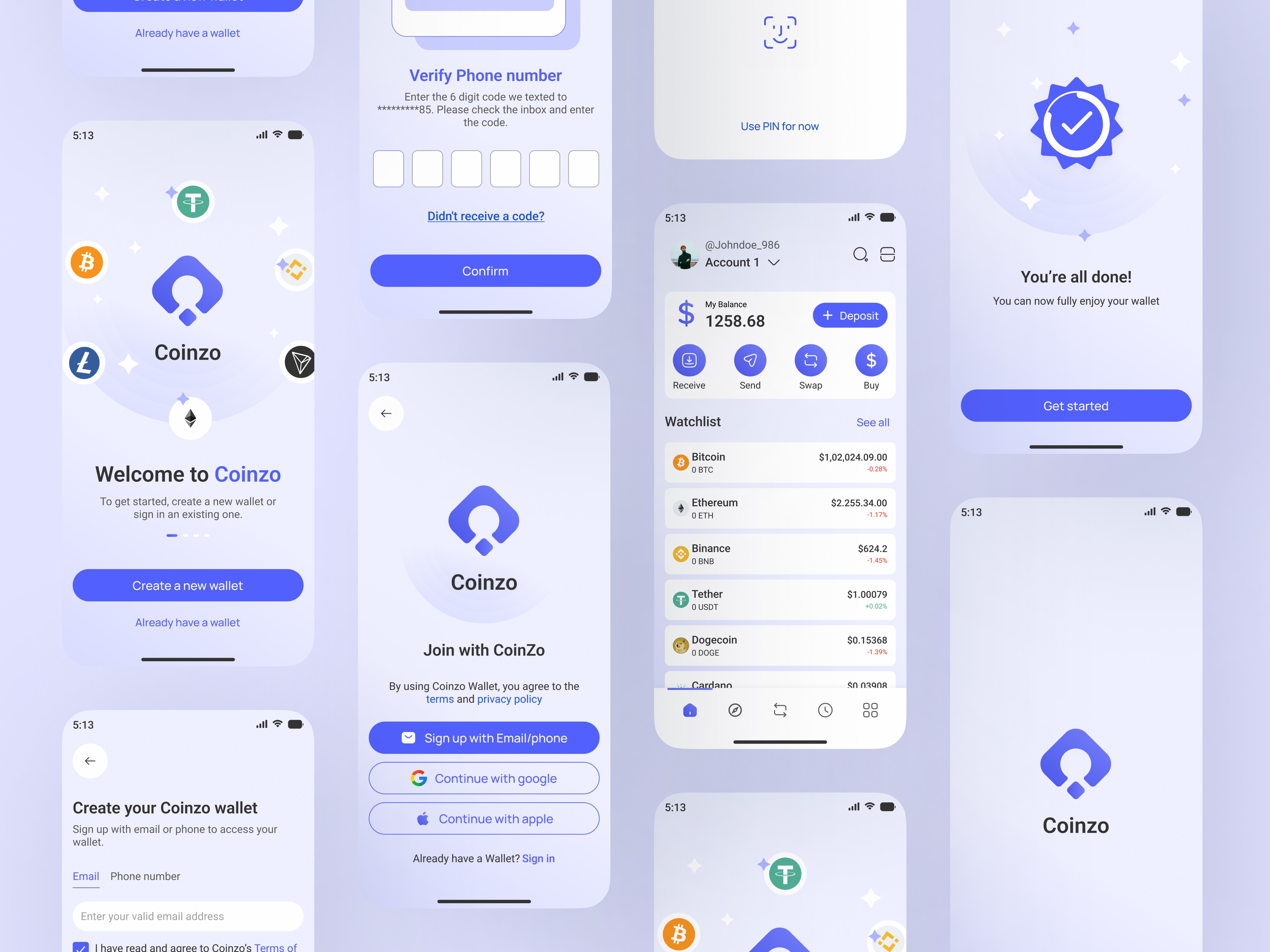 Mockups of onboarding flow and home_light mode