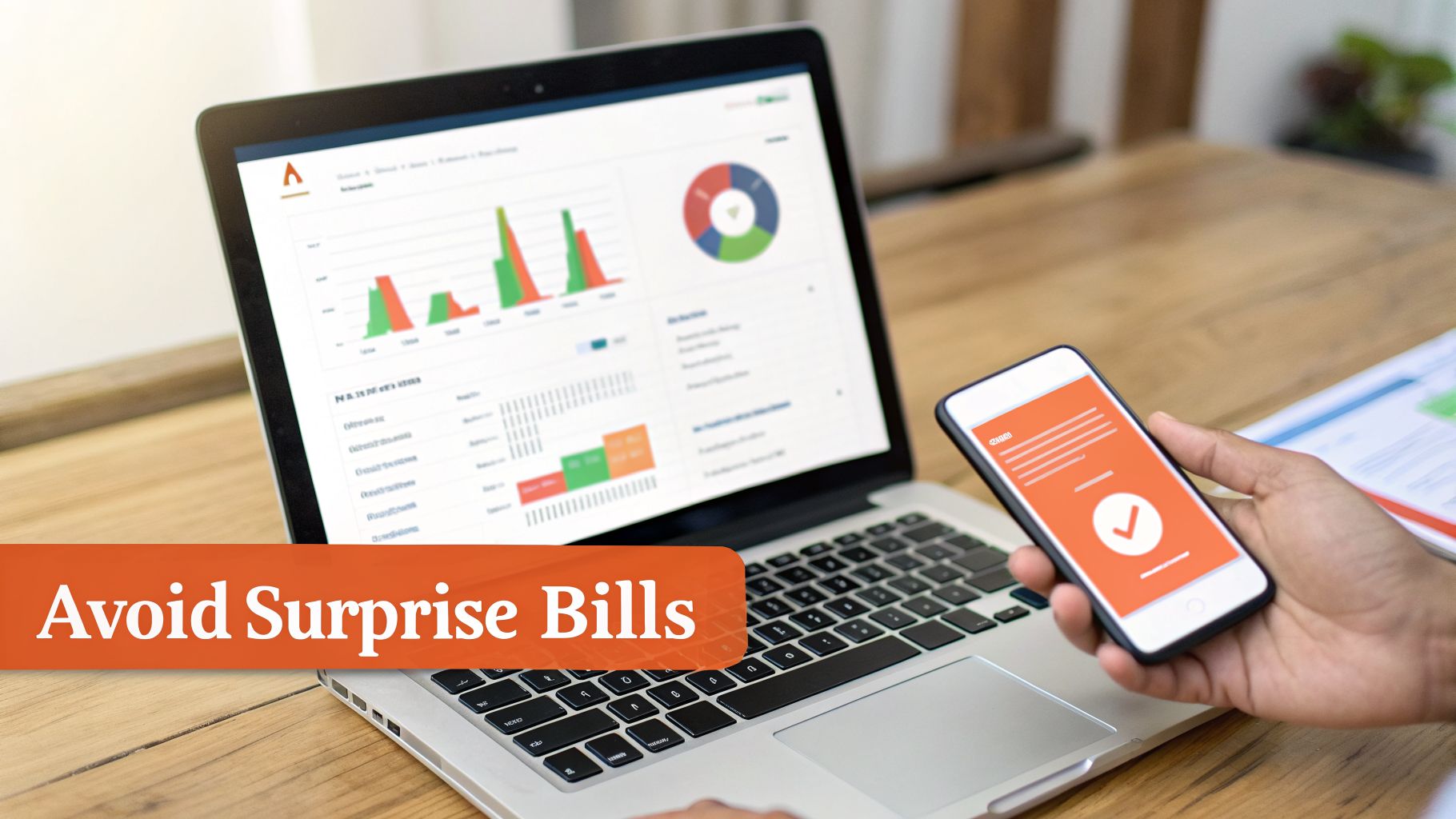 A person monitors financial data on a laptop and smartphone to avoid surprise bills.